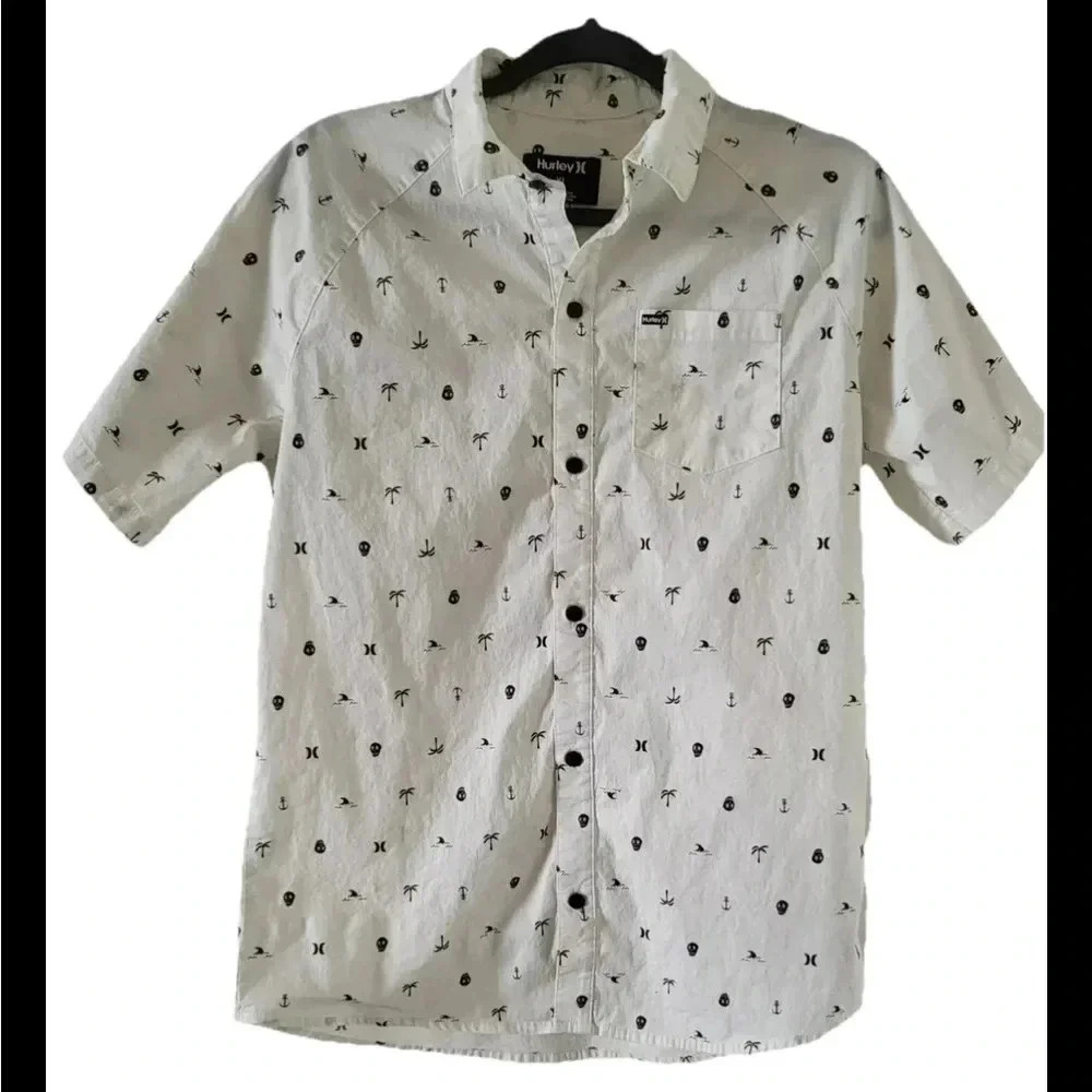 Boys Woven Cotton Collared Button Up Short Sleeve White Skull Island Sundays XL - Picture 2 of 6